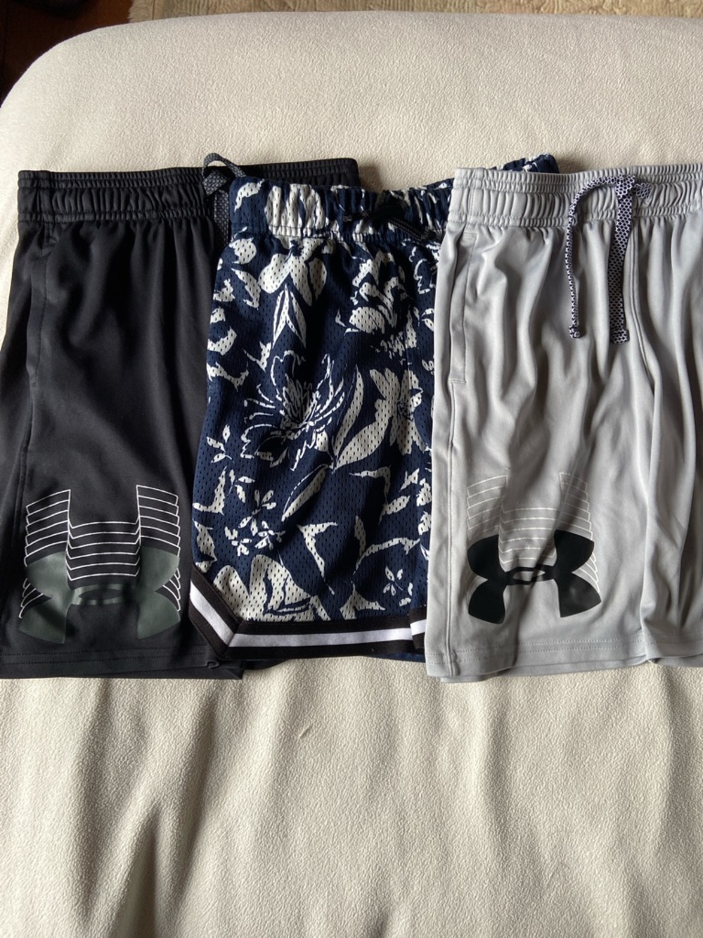 3 Under Armour Boy’s Performance Shorts w/Pockets-Black, Navy Floral, Lt Gray